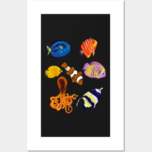 Best fishing gifts for fish lovers 2022. Octopus squid and friends  tropical Coral reef fish rainbow coloured / colored   fish and octopus swimming under the sea Posters and Art